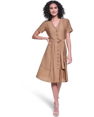 KARL LAGERFELD Belted Nailhead Trim V-neck Dress - Natural