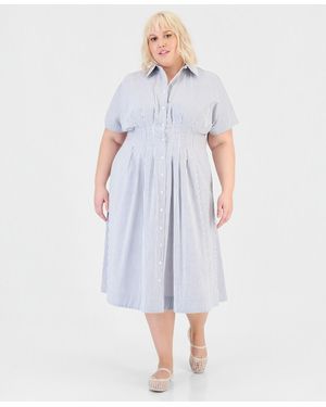 On 34th Trendy Plus Size Pinstriped Pleated-waist Midi Shirtdress - Blue