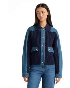 NVLT Denim Trim Long-sleeve Sweater Jacket - Blue
