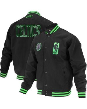 FISLL And Boston Celtics Logo Man Shadow Collection Full-snap Varsity Jacket - Green