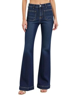Modenaire High Waist Flare Front Patch Pocket Jeans - Blue