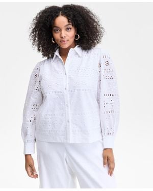 INC International Concepts Plus Size Cotton Eyelet-embroidered Blouse - White