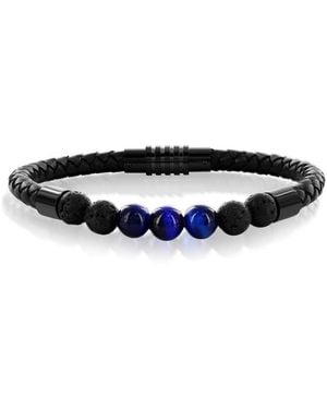 Metallo Stainless Steel Genuine Bead Leather Bracelet - Black