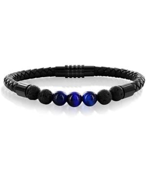 Metallo Stainless Steel Genuine Bead Leather Bracelet - Black