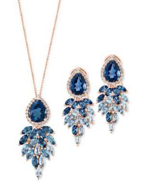 Lali Jewels London Sky Diamond Statement Earrings Pendant Necklace Collection In 14k Rose Gold - Blue