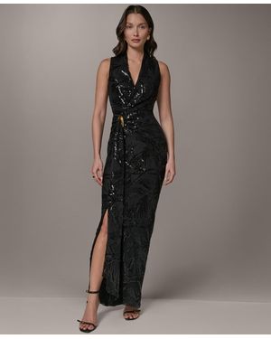 Donna Karan Sequin Mesh V-neck Long Wrap Dress - Black