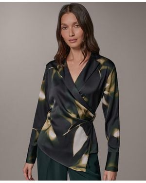 Donna Karan Printed V-neck Long-sleeve Blouse - Gray