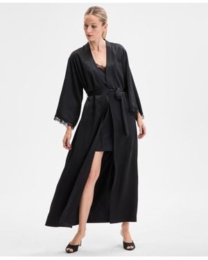 INC International Concepts Lace-trim Satin Robe - Black