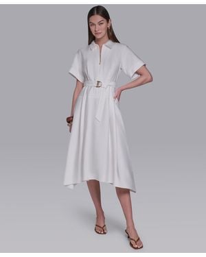 Halston Zip-up Midi Shirt Dress - White