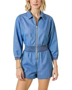 Modenaire Zip Front Smocked Waist 3/4 Sleeve Romper - Blue