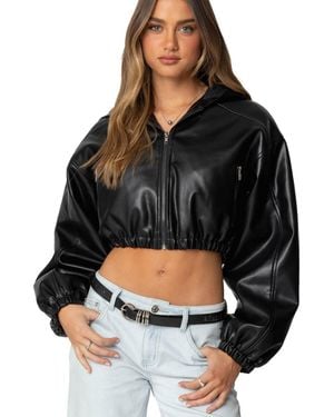 Edikted Hooded Faux Leather Cropped Jacket - Black