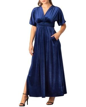 Kiyonna Verona V-neck Velvet Evening Gown - Blue