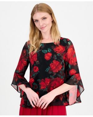 Kasper Ruffle 3/4-sleeve Boat Neck Floral Blouse - Red