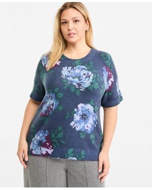 Vince Camuto Plus Size Short-sleeve Floral-print Pullover Sweater - Blue