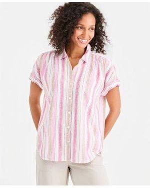 Style & Co. Style Co Striped Linen Camp Shirt Macys Exclusive - White