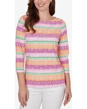 Ruby Rd. Petite Stripe Medallion Boat Neck Knit Top - Red