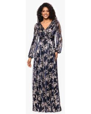 Betsy & Adam Betsy Adam Long Sleeve Metallic Crinkle Pattern Dress - Blue