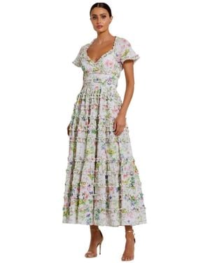 Mac Duggal Cap Sleeve V Neck Open Back Floral Cotton Dress - White