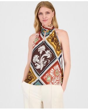 Tahari Printed Halter Top - White