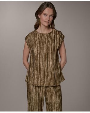 Donna Karan Crewneck Pleated Novelty Blouse - Brown