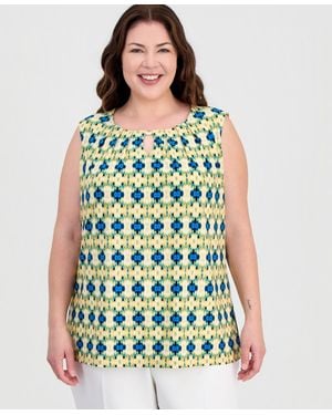 Kasper Plus Size Keyhole-cutout Pleated-neck Top - Green