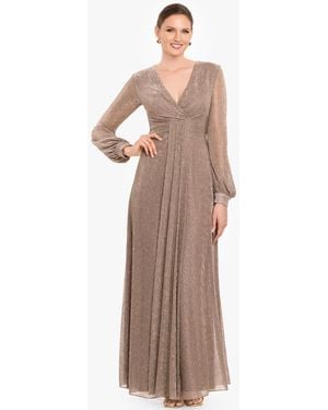 Betsy & Adam Crinkled V-neck Ball Gown - Natural