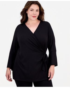 Anne Klein Plus Size Surplice-neck Long-sleeve Top - Black