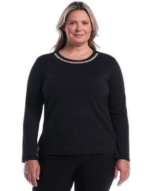Rafaella Plus Size Embellished Crewneck Long-sleeve Cotton T-shirt - Black