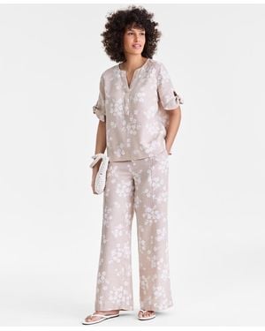 Charter Club 100% Linen Floral Pleated Pants - White