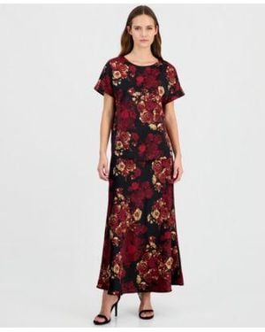 Anne Klein Short Sleeve Bateau Neck Printed Satin Blouse A Line Midi Skirt - Red