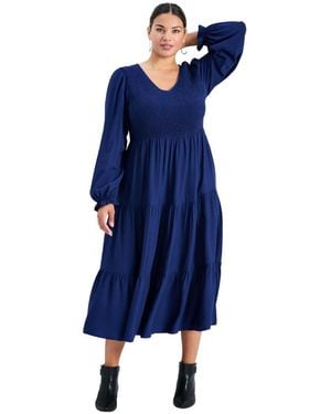 Avenue Plus Size Indi Puff Sleeve Shirred Dress - Blue
