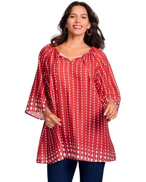 Avenue Plus Size Bell Sleeve Keyhole Tie Blouse - Red