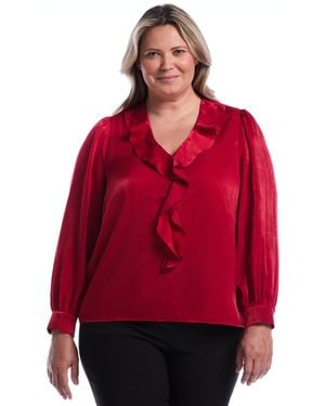 Rafaella Plus Size Puff-sleeve Ruffle V Blouse - Red