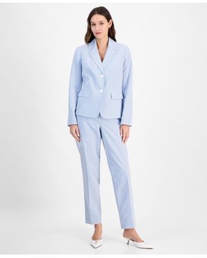 Le Suit Seersucker Two-button Notch-collar & Mid-rise Slim Pants Set - Blue