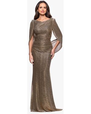 Betsy & Adam Betsy Adam Long Metallic Crinkle Drape Back Boat Neck Dress - Brown