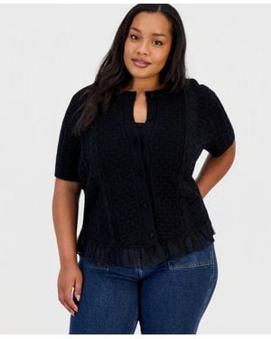 And Now This Trendy Plus Size Short-sleeve Pointelle Lace-hem Cardigan - Black