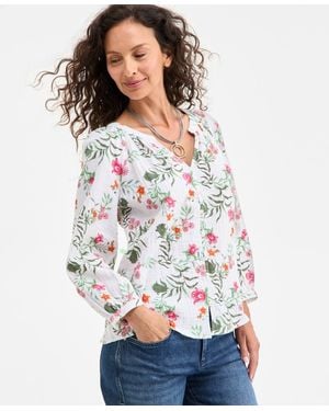 Style & Co. Printed Cotton Gauze Split-neck Blouse - White