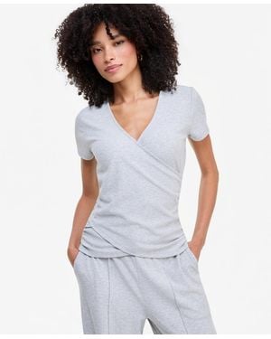 INC International Concepts Short Sleeve Rib Knit Faux Wrap T-shirt - White