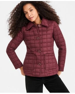 Cece Short Boucle Windowpane Quilted Coat - Red