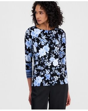 Anne Klein Printed 3 4 Sleeve Boat Neck Top - Blue