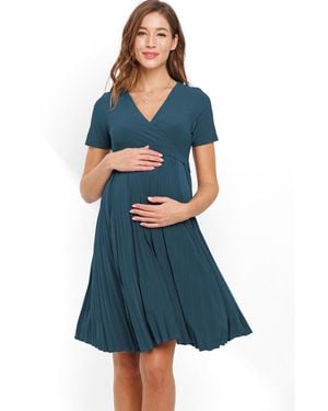 Hello Miss Maternity A-line Pleated V-neck Nursing Dress - Blue