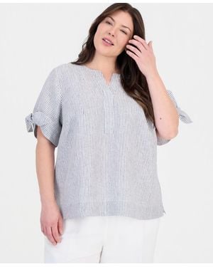 Charter Club Plus Size 100% Linen Split-neck Tie-cuff Top - White