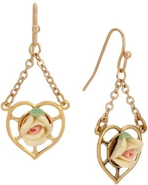 2028 Gold Tone Heart Porcelain Rose Earrings - Metallic