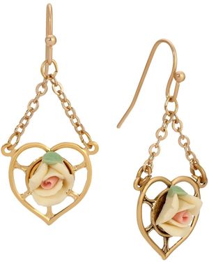 2028 Gold Tone Heart Porcelain Rose Earrings - Metallic