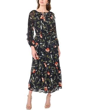 Msk Floral-print Tiered Long-sleeve Maxi Dress - Black