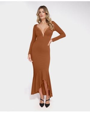 Popilush Shapewear Long Sleeve Lace Trim Sculpting Mermaid Maxi Dress - Brown