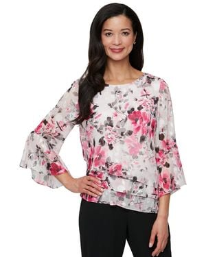 Alex Evenings Chiffon Printed Bell-sleeve Blouse - Red