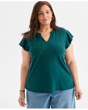 Style & Co. Plus Size Embroidered Flutter-sleeve Knit Top - Green