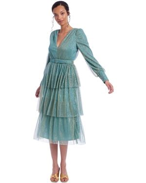 Badgley Mischka Jewel Badgley Mishka Metallic Tiered Midi Dress - Blue