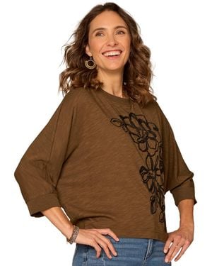Democracy 3/4 Dolman Sleeve Scoop Neck Embroidered Top - Brown
